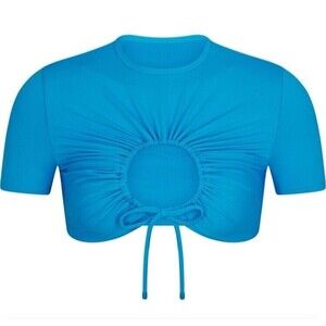 Skims Signature Swim Ruched T-Shirt Cropped Keyhole Turquoise Blue Size M NEW